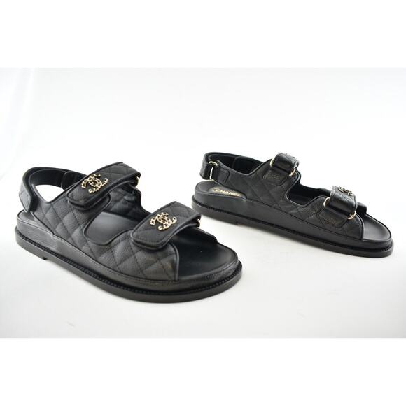 Chanel REV Black Caviar Gold CC Logo Mule Slide Strap Flat Teva Dad Sandal 36 - Picture 4 of 12